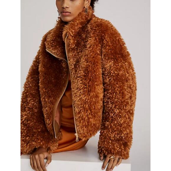 Anthropologie Maeve Teddy Faux Fur Jacket Honey Brown High Collar Zip Up XL - Picture 1 of 10